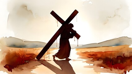 A lone figure carries a heavy cross, symbolizing sacrifice and faith. The artistic rendering captures a solemn moment of spiritual reflection.
