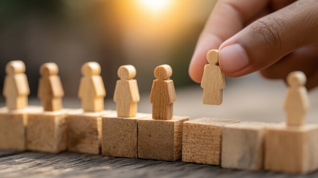 Individual placing wooden figure on block representing strategic investment decisions and growth in retail sector