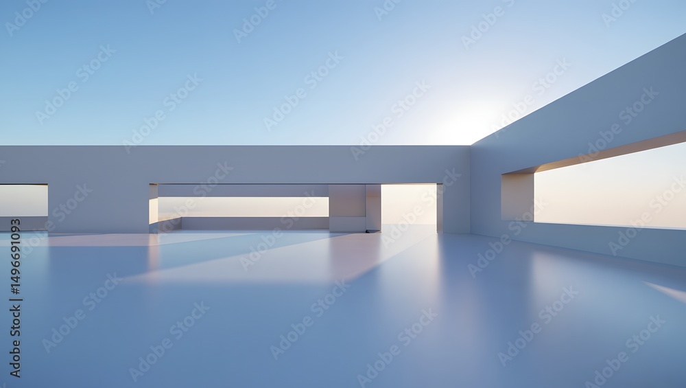 Poster clean lines of a modern building frame a breathtaking panorama of endless sky and bright sunshine, c