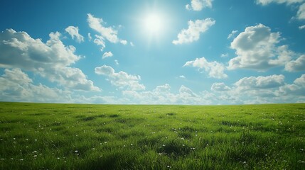 Obraz premium Vast expanse of grassy field under a vibrant blue sky.