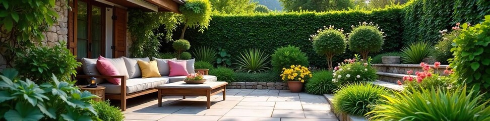 Serene patio garden oasis with lush greenery, blooming flowers, and comfortable seating Perfect for relaxation and outdoor entertaining , beauty, calm