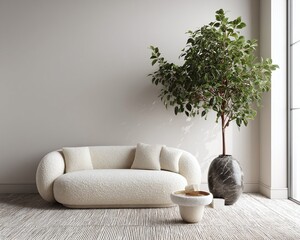 Modern interior design featuring a plush white sofa, decorative plant, and minimalist decor in a bright room
