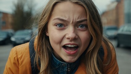  Portrait of girl pulling funny faces