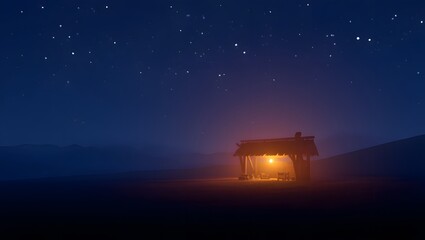A serene night scene unfolds, with a warm, inviting light emanating from a wooden structure beneath a starlit sky. capturing the peaceful ambiance of night.