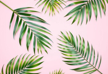 Pastel pink background, painted palm leaves, minimal flat lay, summer vibes, tropical design, copy space, pastel, pink background