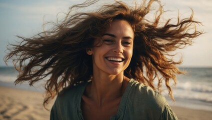 Carefree woman with windswept hair beaming on a beachside setting.

