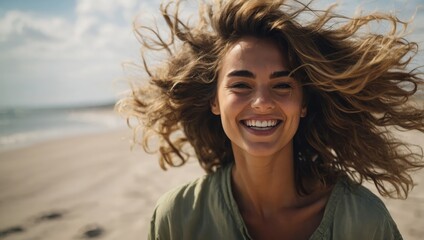 Portrait of a happy woman enjoying the breeze with her hair flowing by the ocean.

