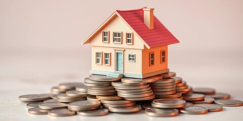 Pastel-toned house model sits atop a stack of dollar coins, ample copy space,  planning, affordability