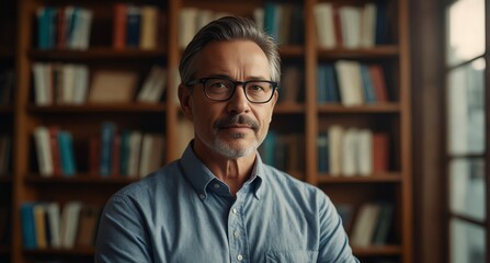 Mature man with spectacles gazing at the camera, surrounded by shelves filled with books.

