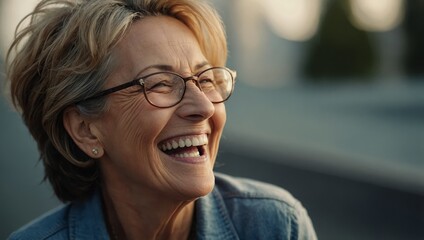 Smiling older woman caught mid-laughter in a candid portrait.

