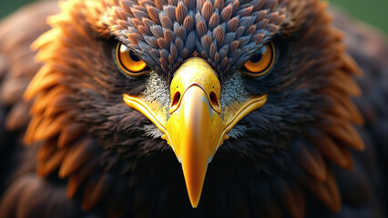 Close-up of a fierce eagle face with sharp beak and piercing eyes.