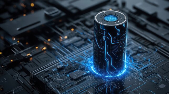 Futuristic cylindrical battery charging on circuit board