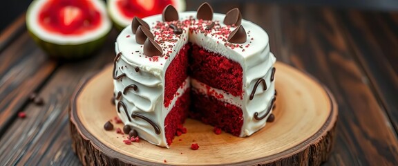 Rich red velvet cake, cream cheese frosting, chocolate accents, rustic wood board, textured,  horizontal