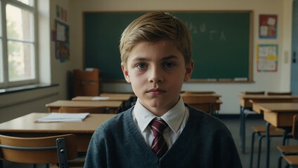 Portrait of a curious boy in class, immersed in the school atmosphere.

