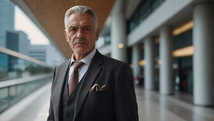 Experienced senior professional standing outside a bustling convention center, ready for business.

