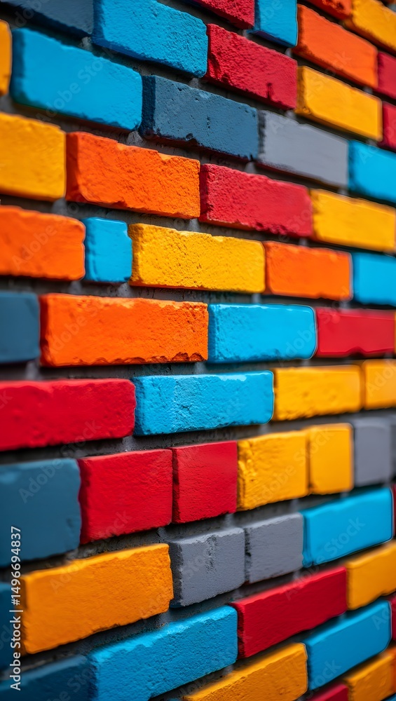 Poster a vibrant array of multicolored bricks, artistically arranged to form a unique, textured wall. this 