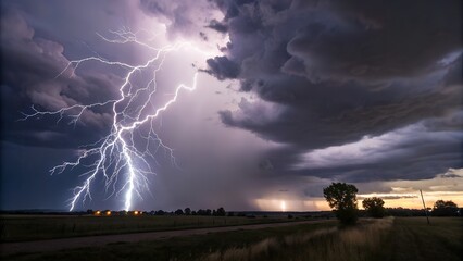 Powerful thunderstorm unleashes lightning strikes over a rural landscape at dusk
