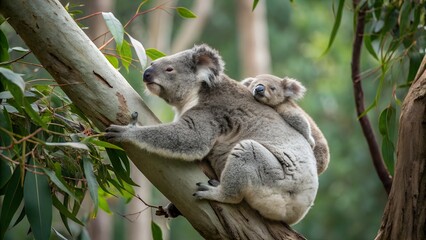 Fototapeta premium Mother koala carries baby on her back while resting on eucalyptus tree in natural habitat