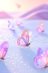 A captivating scene of delicate butterflies dancing gracefully in the ethereal glow of dawn, with soft hues of pink and violet.