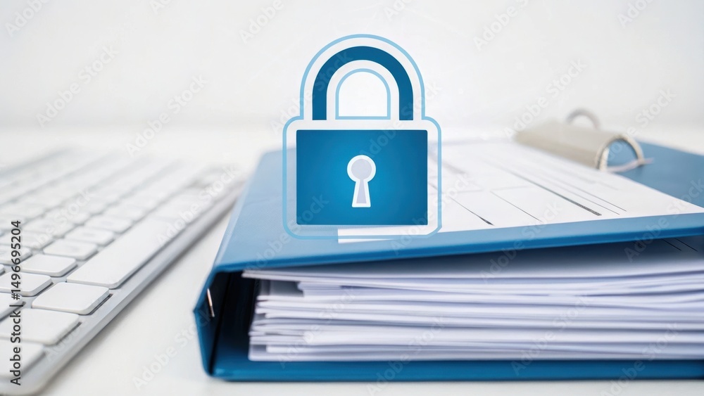 Poster tax deal compliance concept. secure files with a digital lock on a binder and keyboard in background