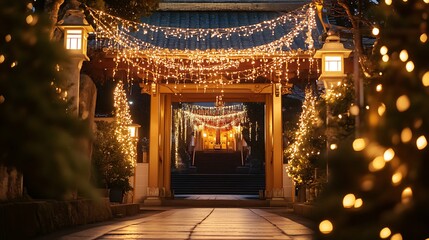 Obraz premium Illuminated gateway at night with festive lights.