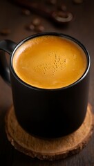A close-up shot of a rich, steaming cup of coffee, its dark, aromatic contents inviting and comforting. The coffee sits on a natural coaster, hinting at the warmth and natural quality of the drink.