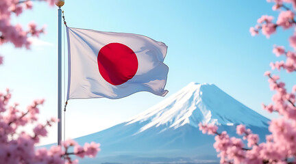 Beautiful cherry blossoms frame the Japanese flag with Mount Fuji in the background on a clear day