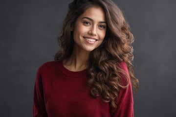 Portrait of a beautiful Hispanic female in a maroon sweater, long hair flowing, set against a neutral gray backdrop.

