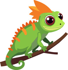 Adorable Cartoon Chameleon with Orange Crest Sitting on Branch – Cute Green Reptile Character for Kids and Sticker Design