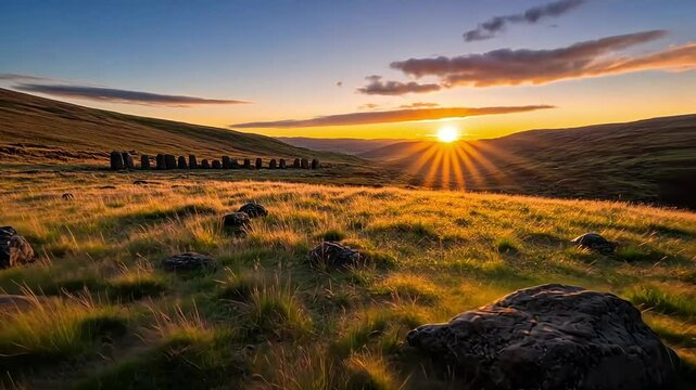 panoramic view of historic stone circle during solstice festivities, sunset.