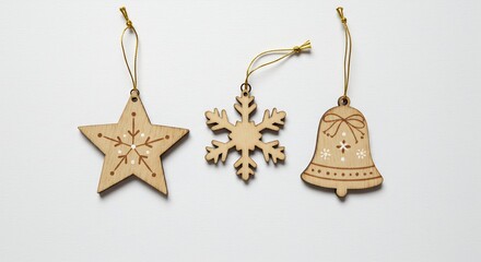 木製の星雪片鈴 クリスマスオーナメント 優しい光で輝く. AI Generated