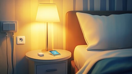 Close-up of modern bedroom with empty bedside table, reading lamp, and USB socket