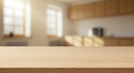 Empty Light Wood Tabletop Against Blurred Modern Home Office Background