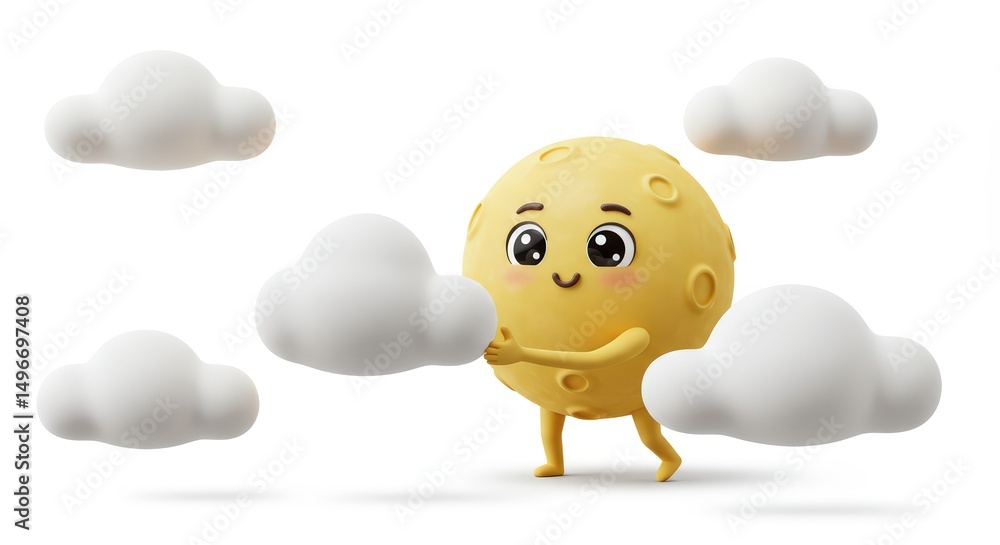 Poster adorable moon character playing with clouds: a whimsical 3d render