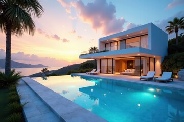 Solar-powered villa, pristine pool, vibrant sky , solar, serene