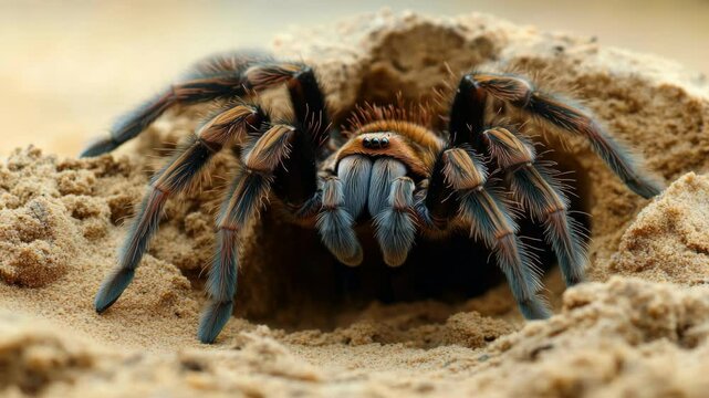 Dramatic emergence of tarantula from sandy burrow in slow motion closeup