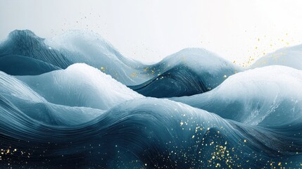 Fototapeta premium Serene, abstract landscape painting featuring rolling hills in cool blue hues with gold accents