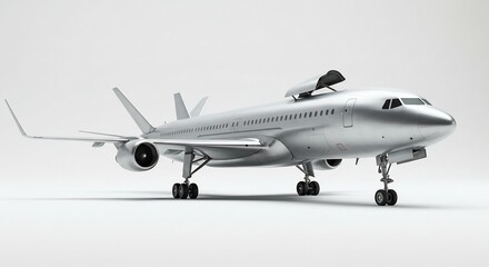 Fototapeta premium 銀色輝く旅客機、滑走路に静止。精密な描写、柔らかな光で際立つ。. AI Generated