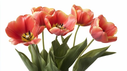 Fototapeta premium Close-up of vibrant red-orange tulips with green leaves, isolated on white