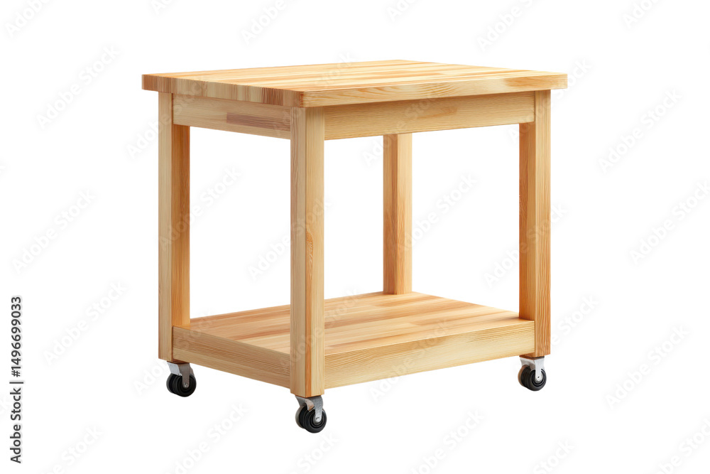 Poster a modern minimalist wooden kitchen cart with a smooth worktop surface open storage shelf and rolling