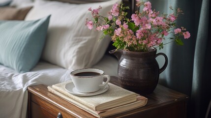 Coffee and books on nightstand with rustic ceramic vase and pink flowers