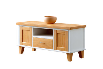 A modern minimalist wooden cabinet with shelving drawers and a surface for displaying decorative items or tabletop accessories