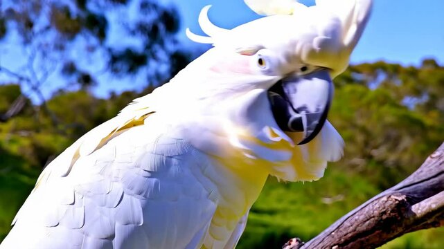 Close-up of a white cockatoo perched on a branch in a green forest with blue sky visible in background on a sunny day