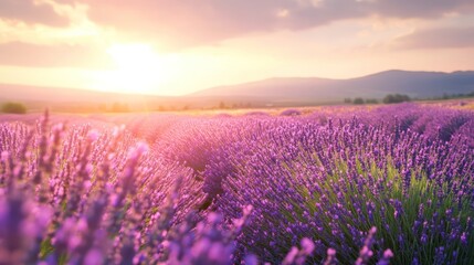 Fototapeta premium Sunset Lavender Field, Provence, France; idyllic summer landscape for travel brochures