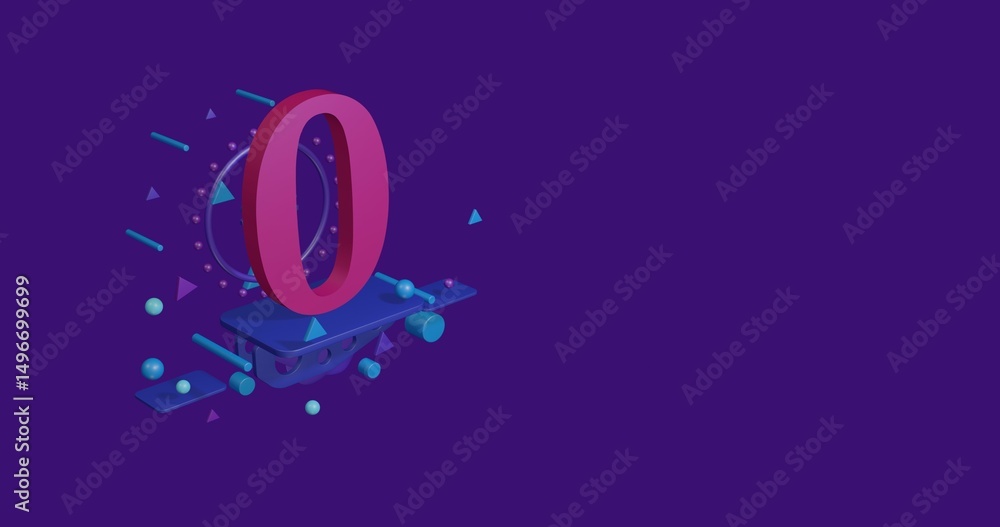Poster pink number zero symbol on a pedestal of abstract geometric shapes floating in the air. abstract con