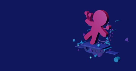 Pink Voodoo Doll symbol on a pedestal of abstract geometric shapes floating in the air. Abstract concept art with flying shapes on the right. 3d illustration on indigo background