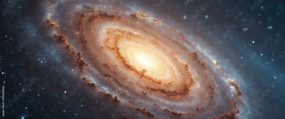 Poster mesmerizing galaxy formation: spiral nebula with glowing core and cosmic dust