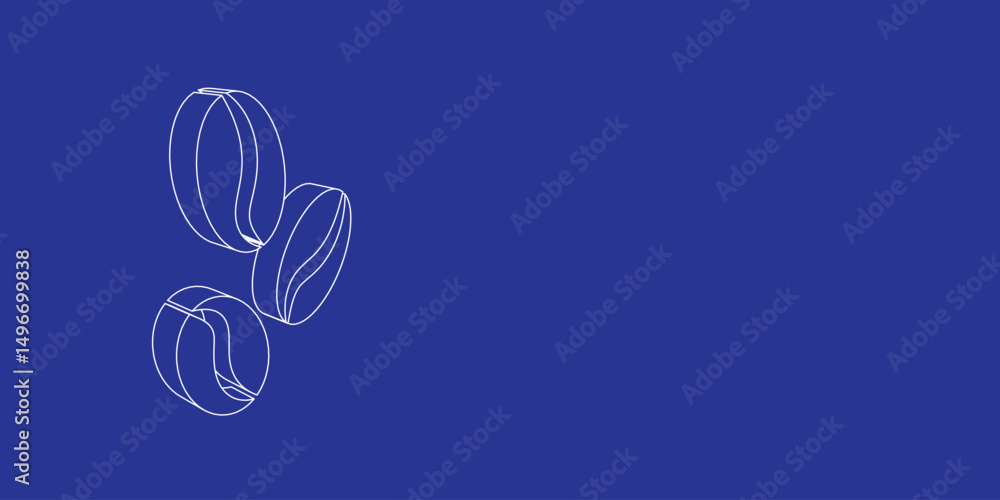 Poster the outline of a large coffee beans symbol made of white lines on the left. 3d view of the object in