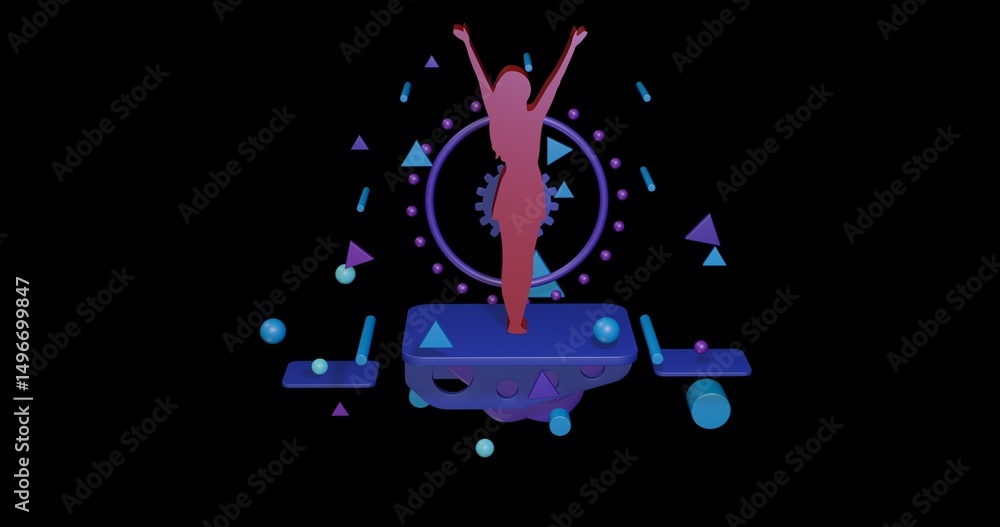 Poster red woman with hands up symbol on a pedestal of abstract geometric shapes floating in the air. abstr