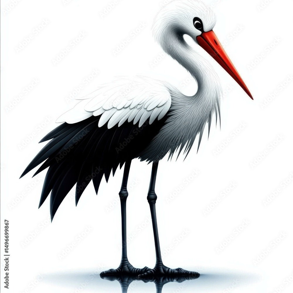 Poster elegant white stork illustration with detailed feathers and a striking red beak on a clean backgroun